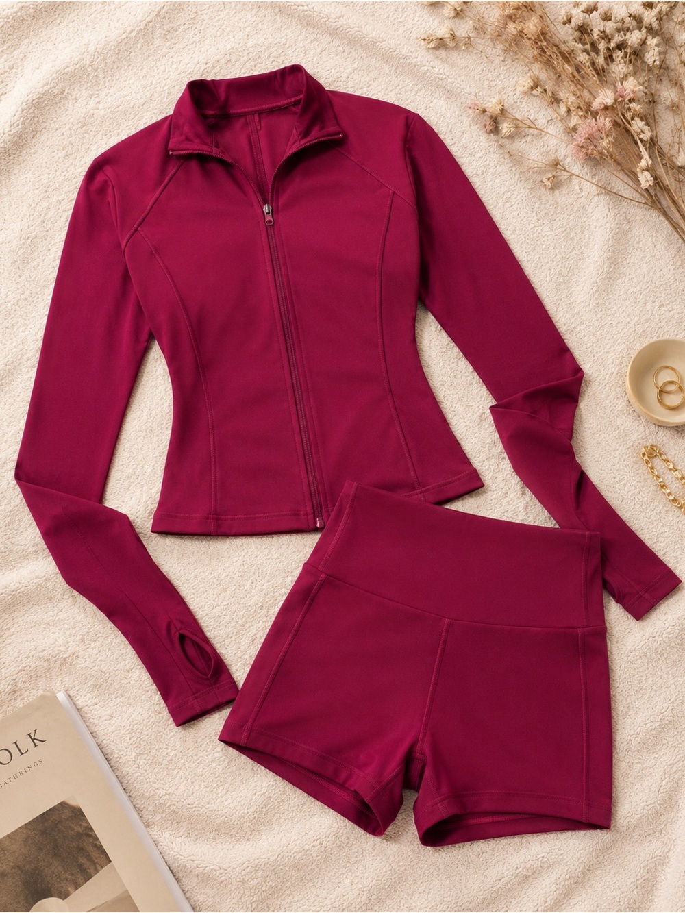 Women’s Berry Zip-Front Active Jacket & Shorts Set